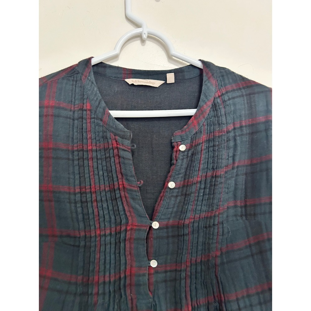 Soft Surroundings Plaid Pintuck Tunic Top Green Red‎ Cotton Blouse XS 2AW93 - Picture 4 of 5